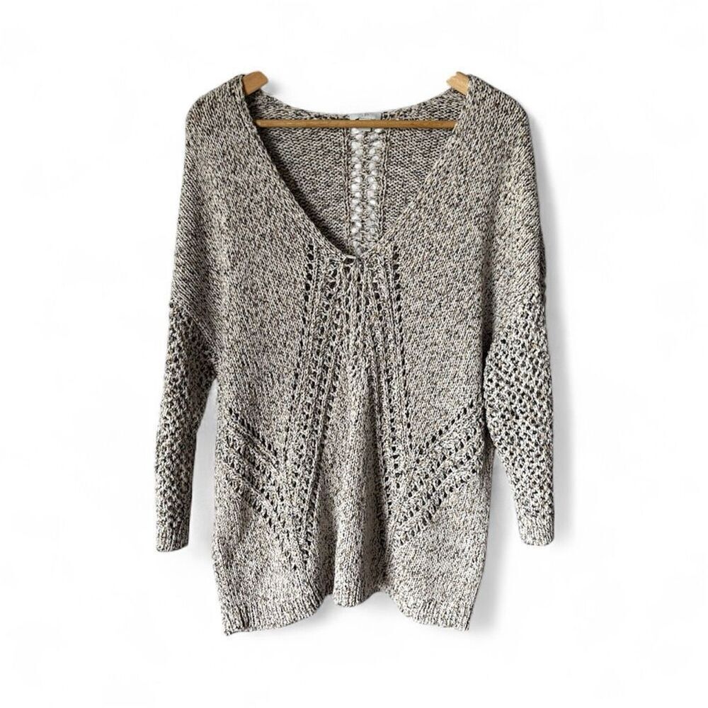J. Jill XL Tan Open Weave Chunky V-Neck Pullover Multicolored Flek Sweater